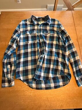 Old Navy Blue, Black & Cream Plaid Button-Up Shirt
